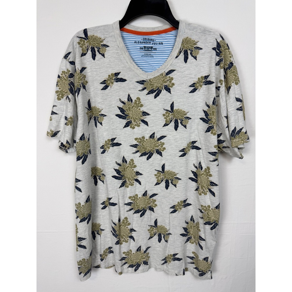 Colours Alexander Julian Floral V-Neck T-Shirt Mens 2X Gray Short Sleeve Cotton